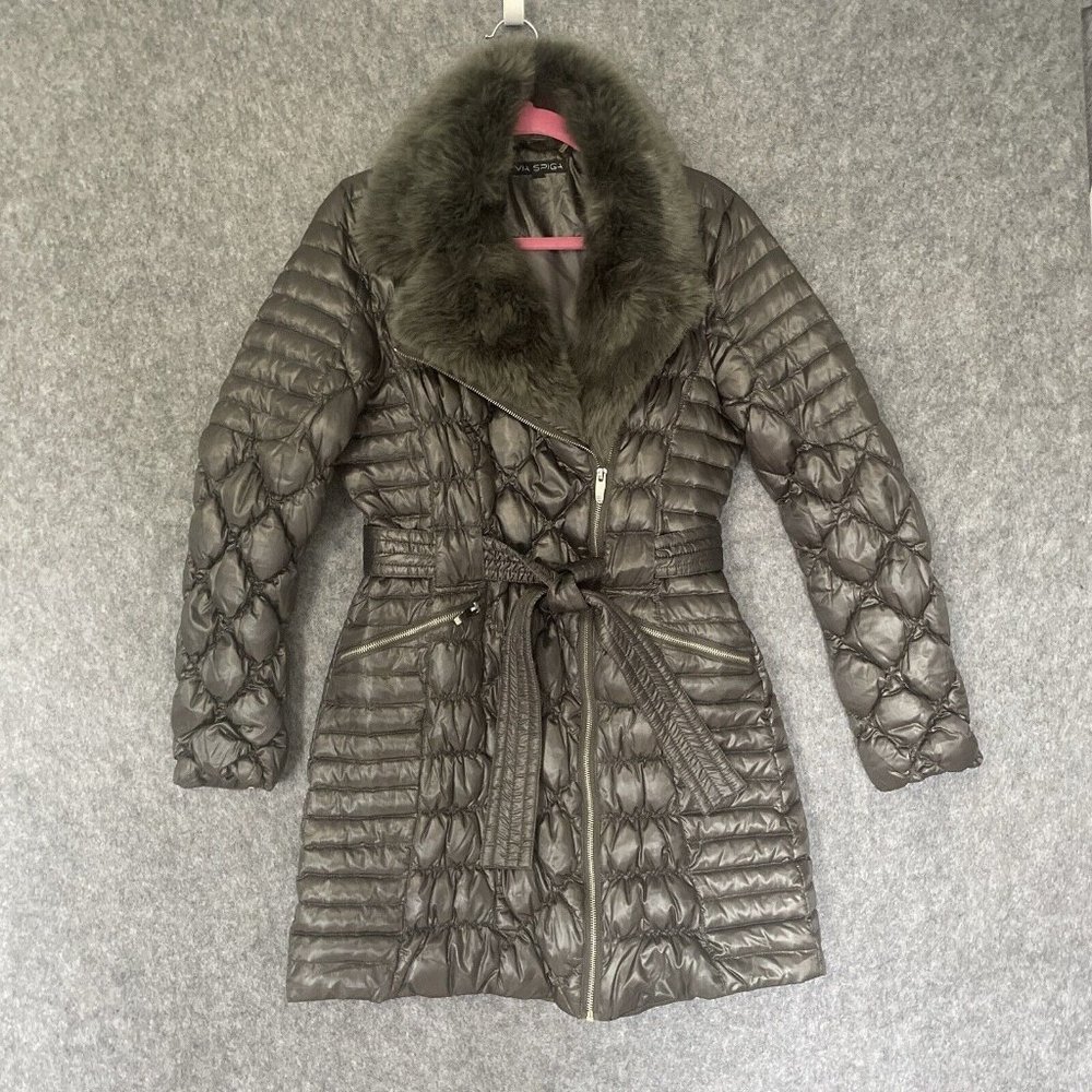 Via Spiga Women's Quilted Down Parka Coat Faux Fur Trim Asymmetrical Zip Size M